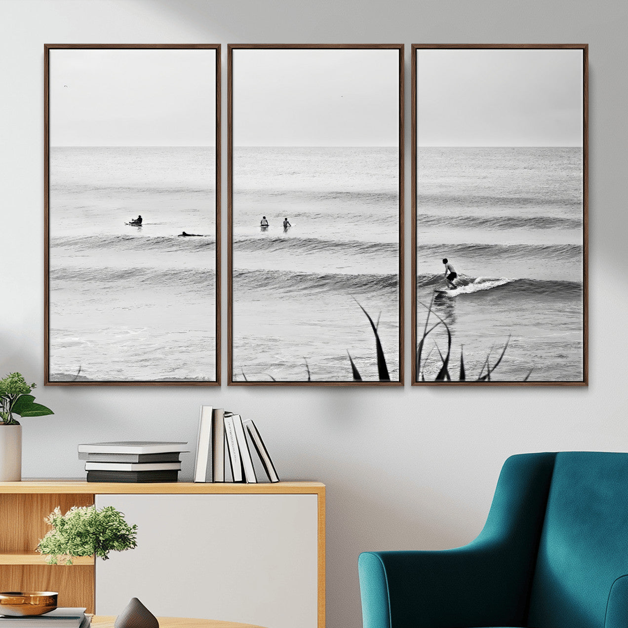 33821421-MGV-CV-36X24 - Surfer Silhouette Wall Art Canvas Print, Framed Calm Ocean Art Picture Print, Monochrome Surf Minimalist Coastal Decor Artwor