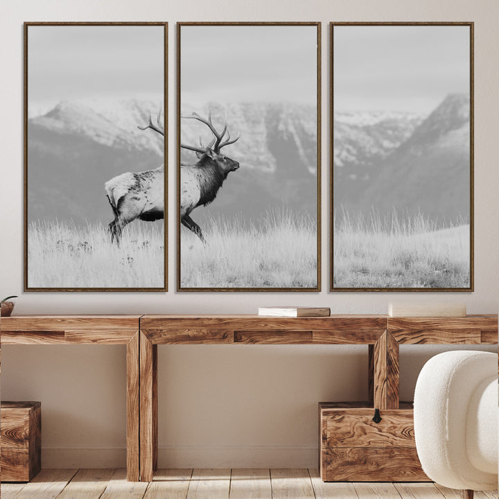 Rustic Elk Wall Art Canvas Print, Wildlife Antler Print, Framed Western Hunting Lodge Art Print, Large Mountain Nature Scene Printing Perfect for Japanese Decor