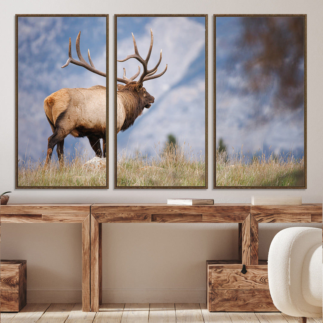 Rustic Elk Wall Art Canvas Print, Wildlife Antler Print, Framed Western Hunting Lodge Art Print