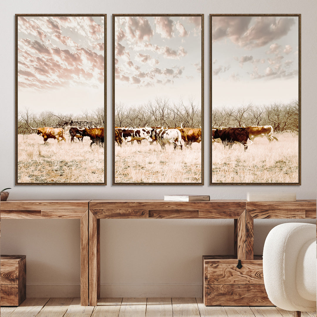 Longhorn Cattle Wall Art Canvas Print, Texas Ranch Print, Framed Western Cow Art Print, Large Prairie Landscape Printing Perfect for Western Decor