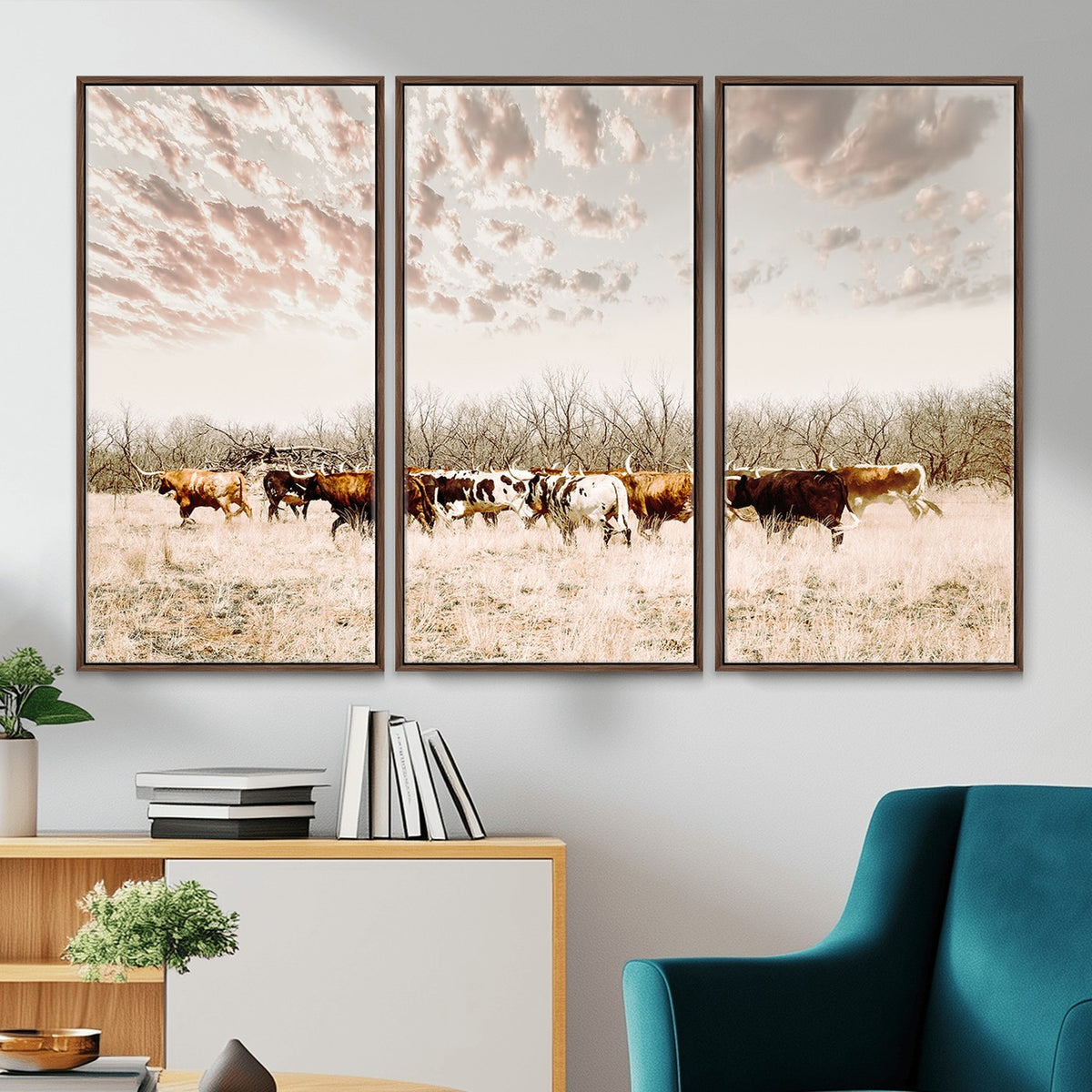 64892775-MGV-CV-24X16 - Longhorn Cattle Wall Art Canvas Print, Framed Texas Ranch Art, Western Cow Print, Prairie Landscape Decor