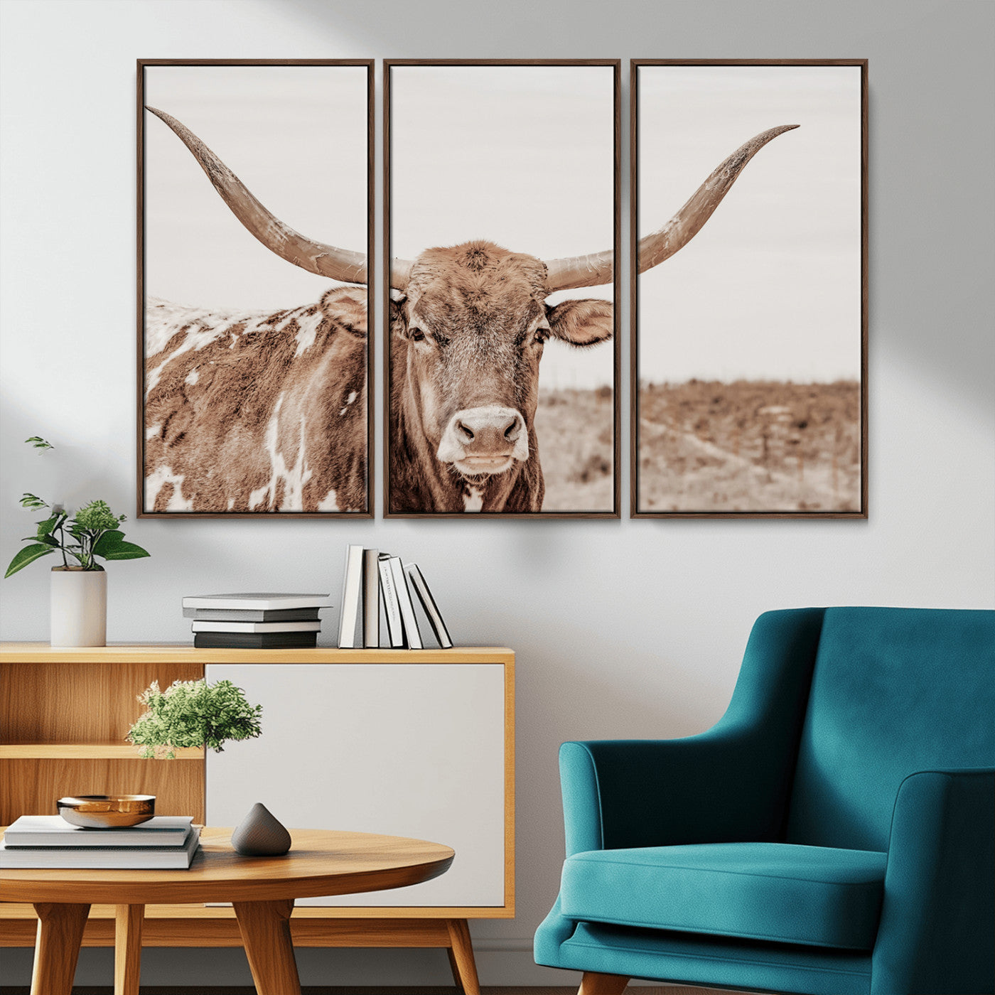 MGV-FC-48X32-3P - Longhorn Cow Wall Art Canvas Print, Framed Texas Ranch Art Picture Print, Western Bull Perfect County Decor Artwork