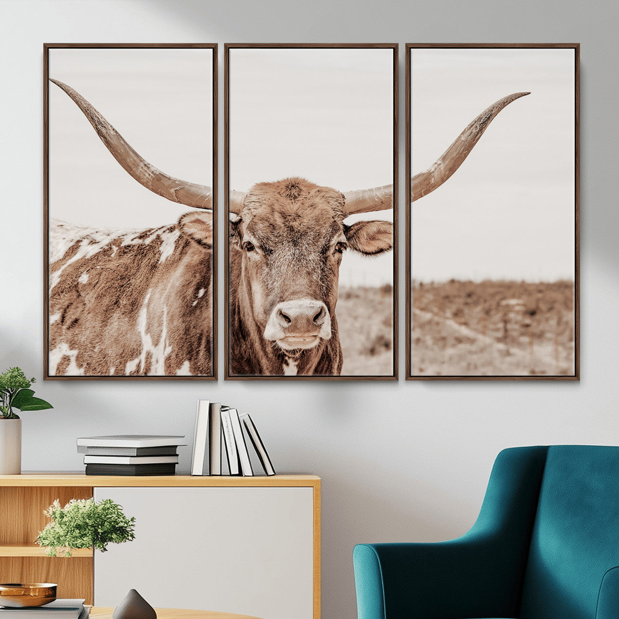 39964150-MGV-CV-36X24 - Longhorn Cow Wall Art Canvas Print, Texas Ranch Print, Framed Western Bull Art Print, Large BigHorn Cowboy Printing Perfect for County Decor