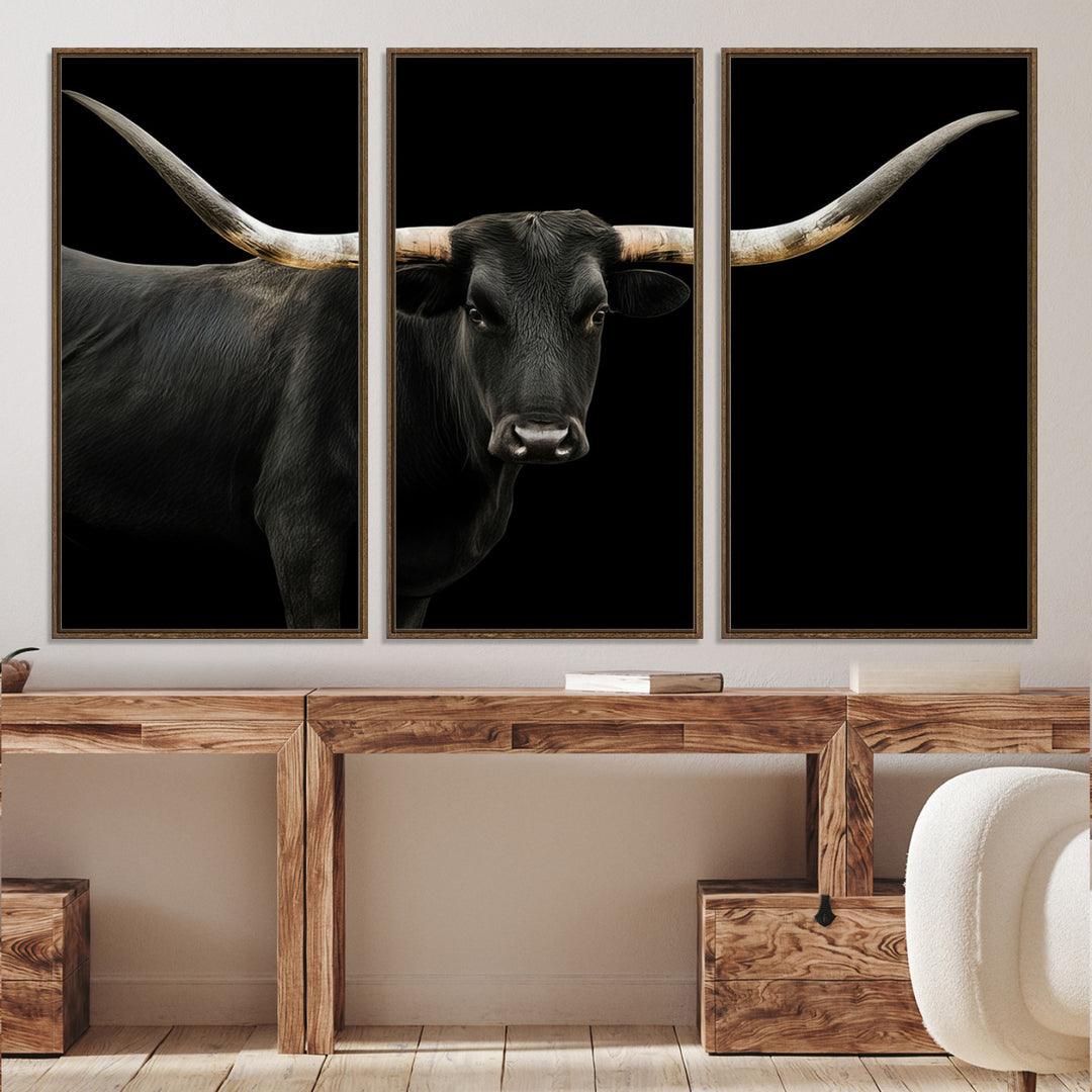 Black White Longhorn Bull Wall Art Canvas Print, Texas Ranch Print, Framed Western Cow Art Print for Farmhouse Decor - Longhorn Print