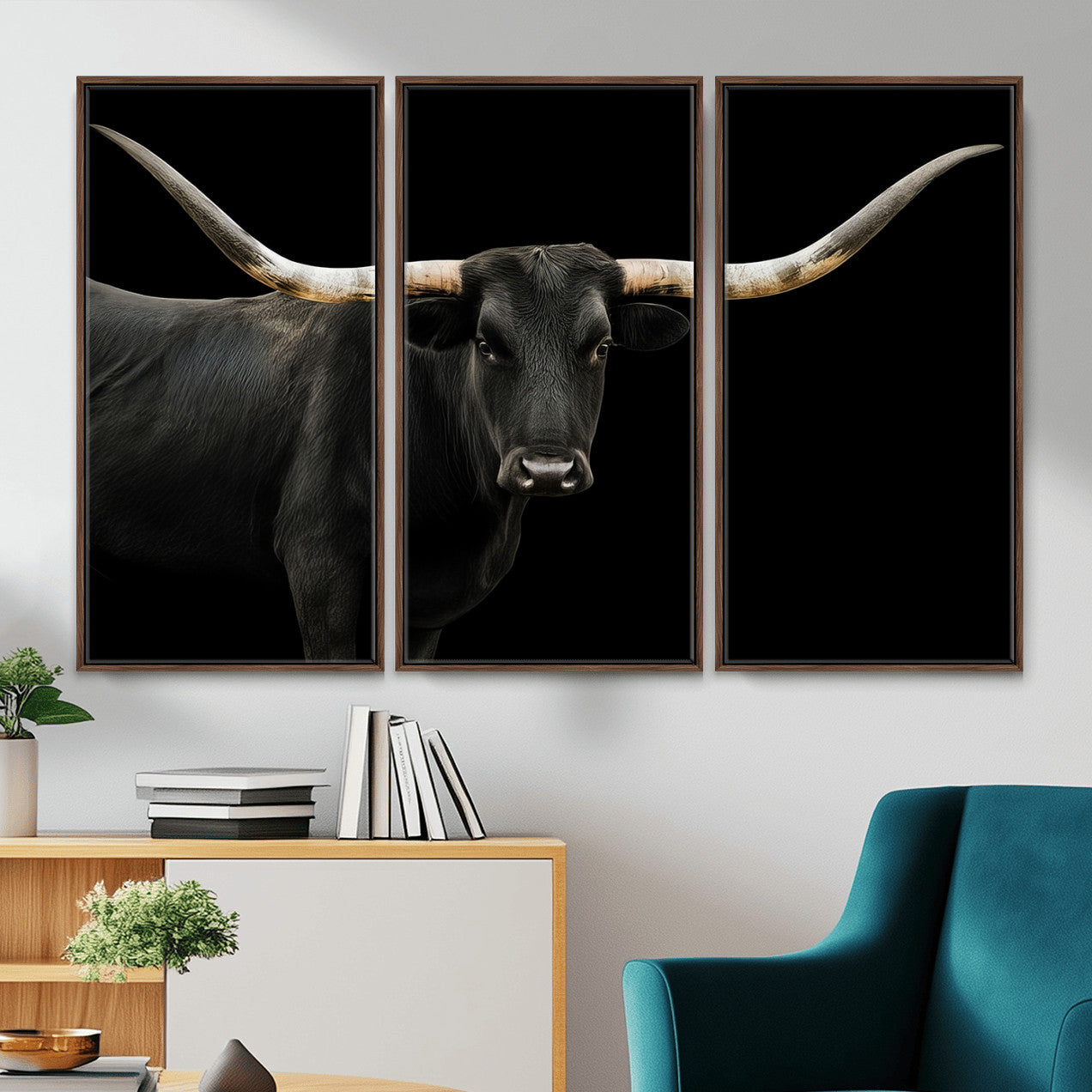 99448328-MGV-CV-36X24 - Longhorn Cattle Wall Art Canvas Print, Framed Texas Black Bull Art Picture Print, Western Cow Perfect Farmhouse Decor Artwork