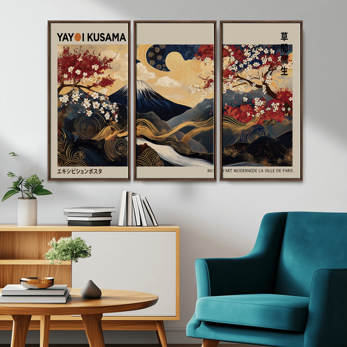 MGV-FC-48X32-3P - Modern Japanese Wall Art, Yayoi Kusama Japanese Print Wall Art, Abstract Mount Fuji Canvas Print,
