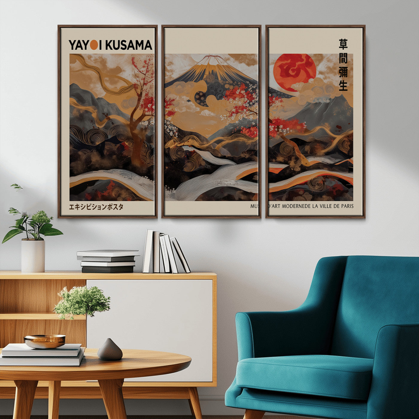 MGV-FC-48X32-3P - Modern Japanese Wall Art Print Yayoi Kusama Canvas Wall Art Abstract Mount Fuji Canvas Print