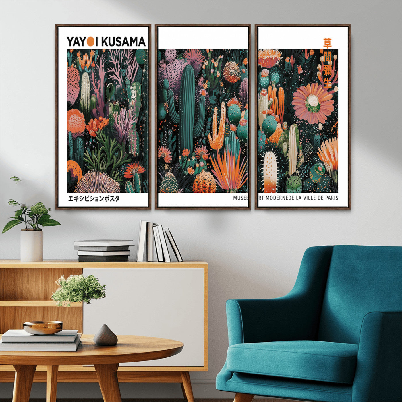 MGV-FC-48X32-3P - Modern Japanese Wall Art Print, Yayoi Kusama Print Wall Decor, Abstract Mount Fuji Canvas Print,