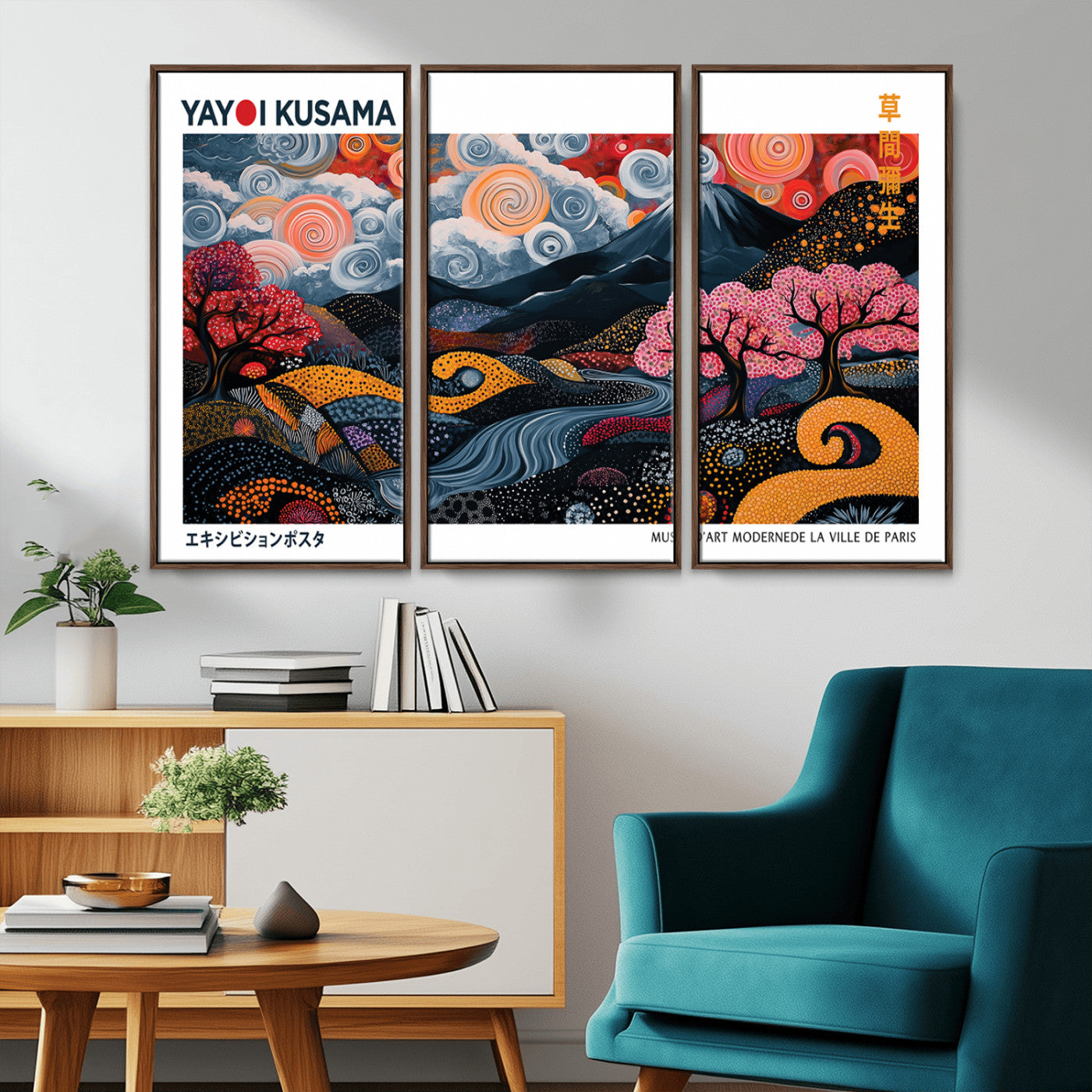 MGV-FC-48X32-3P - Modern Japanese Wall Art Print Yayoi Kusama Canvas Wall Art Abstract Mount Fuji Canvas Print