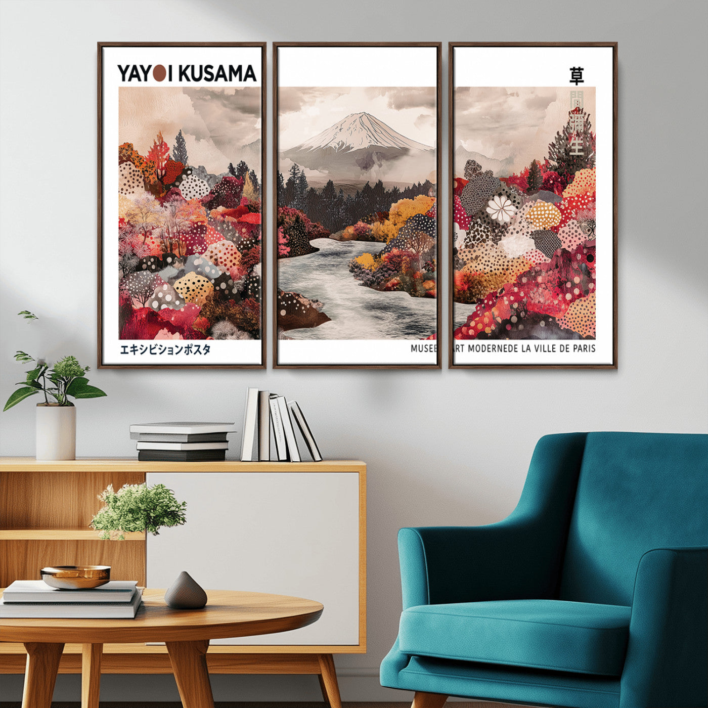 MGV-FC-48X32-3P - Modern Japanese Wall Art Print, Yayoi Kusama Canvas Wall Art, Abstract Mount Fuji Art Canvas Print,
