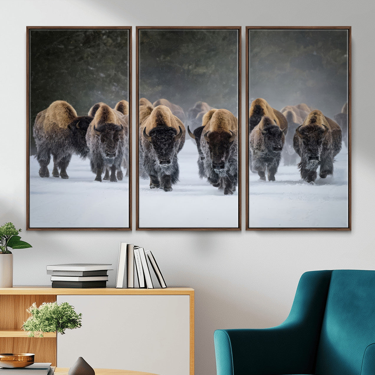 41669135-MGV-CV-36X24 - Winter Bison Herd Wall Art – Majestic Buffalo Charge Canvas Print with Snow Covered Plains, Rustic Wildlife Strength and Untamed Nature Decor for Home and Office