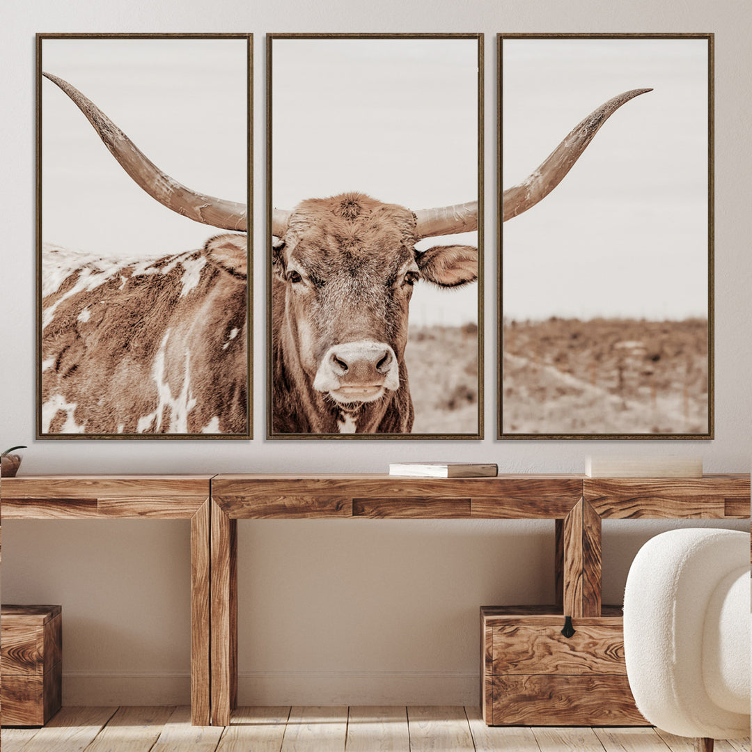 Longhorn Bull Photo Wall Art Canvas Print, Framed Rustic Cow Art Picture Print, Neutral Farmhouse Perfect Rustic Neutral Farmhouse Decor