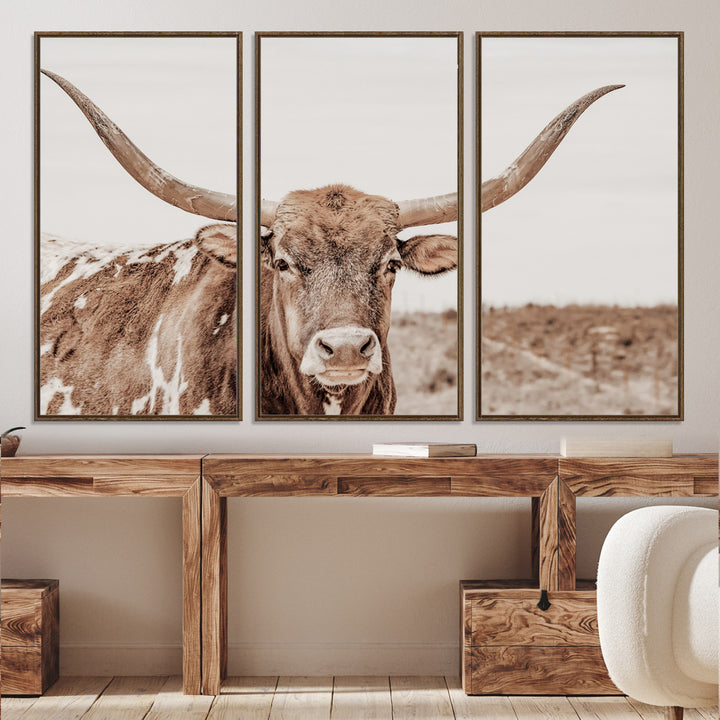 Longhorn Bull Photo Wall Art Canvas Print, Framed Rustic Cow Art Picture Print, Neutral Farmhouse Perfect Rustic Neutral Farmhouse Decor