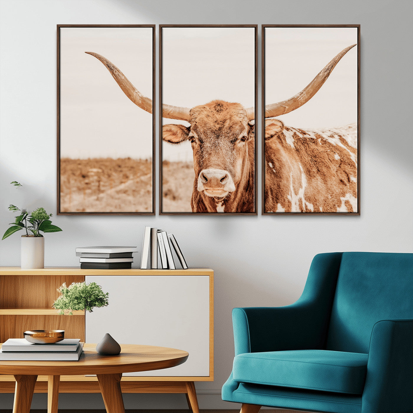 MGV-FC-48X32-3P - Longhorn Bull Wall Art Canvas Print, Framed Western Cow Art Picture Print, Rustic Farmhouse Perfect Neutral Farmhouse Decor Artwork