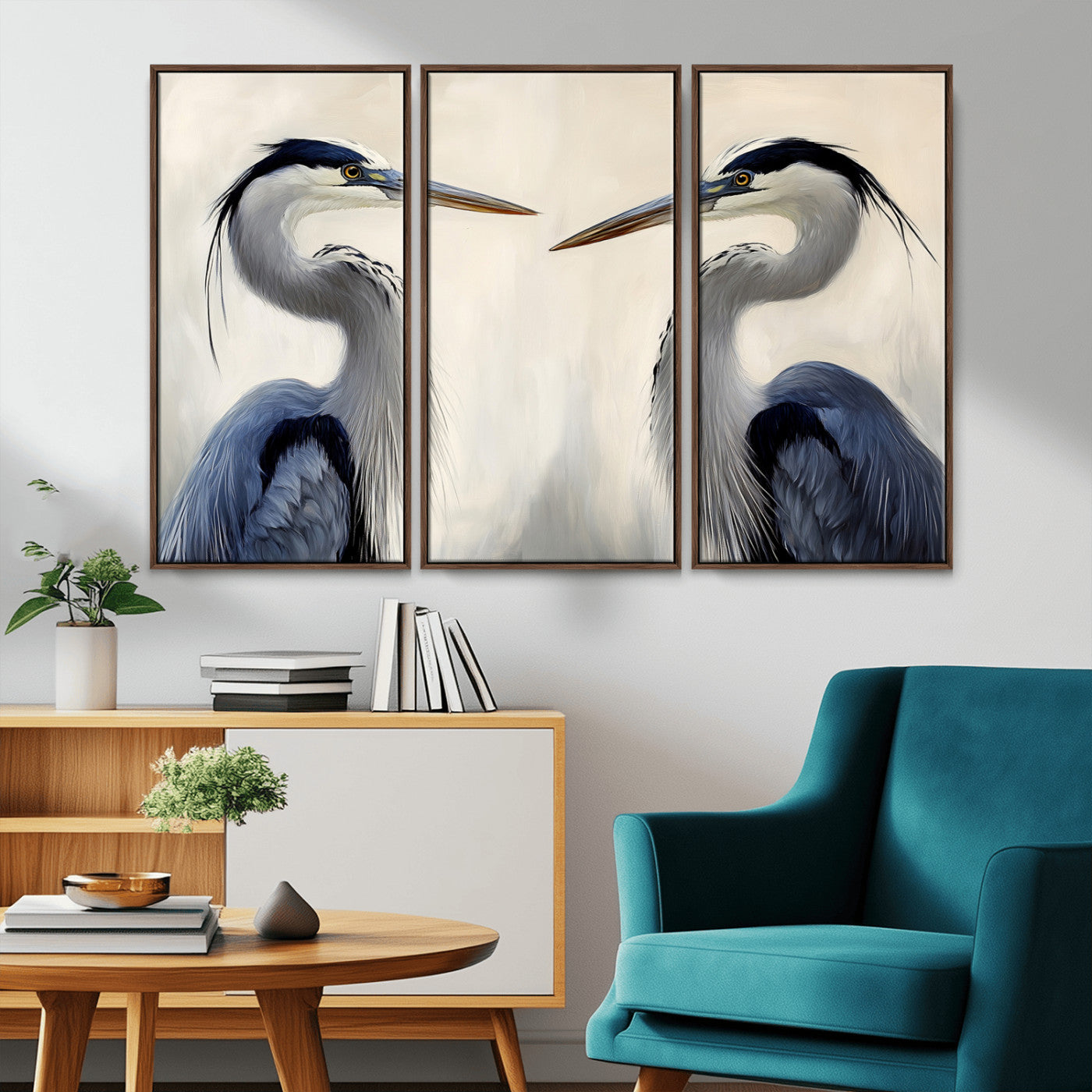 MGV-FC-48X32-3P - Blue Heron Pair Wall Art Canvas Print, Framed Coastal Bird Theme Art Picture Print, Tranquil Wildlife Scene Perfect Coastal Minimalist Decor Artwork