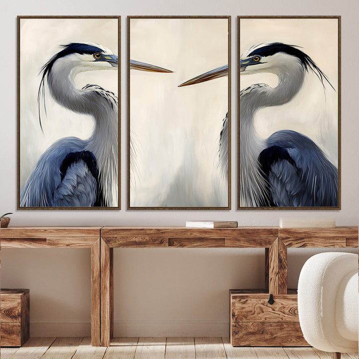 Blue Heron Pair Wall Art Canvas Print, Coastal Bird Theme Print, Framed Tranquil Wildlife Scene Art Print, Large Nature Inspired Decor Printing