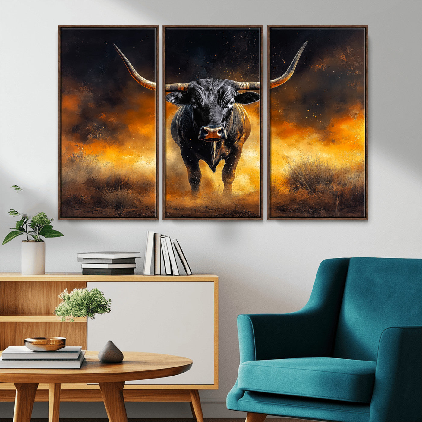 MGV-FC-48X32-3P - Longhorn Canvas Wall Art Canvas Print, Framed Bold Bull Wall Art Art Picture Print, Western Animal Decor Perfect Western Dramatic Decor Artwork