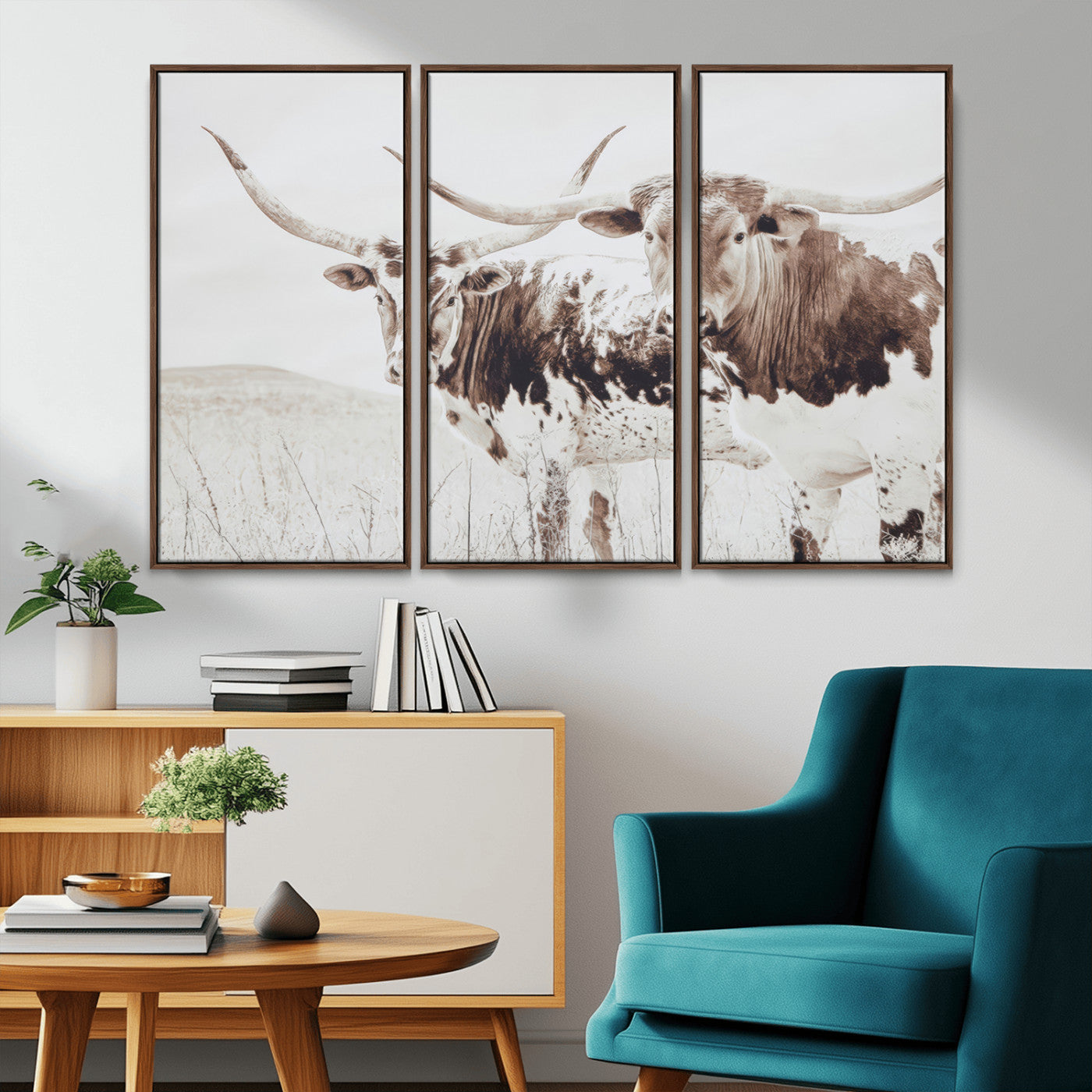 MGV-FC-48X32-3P - Longhorn Wall Art Wall Art Canvas Print, Framed Western Cow Canvas Art Picture Print, Rustic Farm Decor Perfect Rustic Farmhouse Decor Artwork