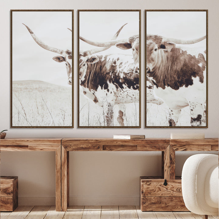 Longhorn Wall Art Wall Art Canvas Print, Western Cow Canvas Print, Framed Rustic Farm Decor Art Print, Large Neutral Animal Scene Printing