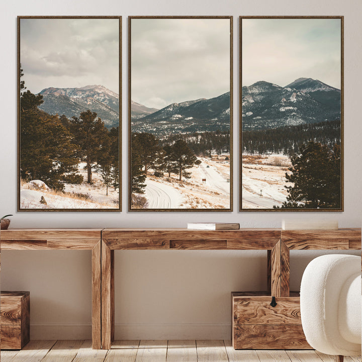 Mountain Landscape Wall Art Canvas Print, Framed Snowy Peaks Art Picture Print, Alpine Aesthetic Perfect Rustic Winter Decor Artwork