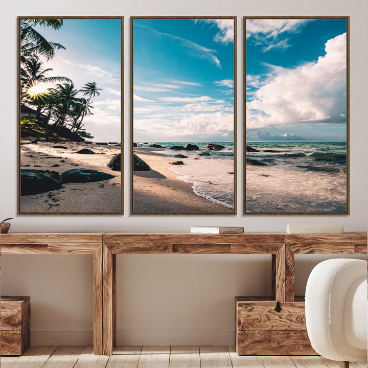 Tropical Beach Wall Art Canvas Print, Framed Ocean Waves Art Picture Print, Relaxing Seascape Perfect Tropical Coastal Decor Artwork