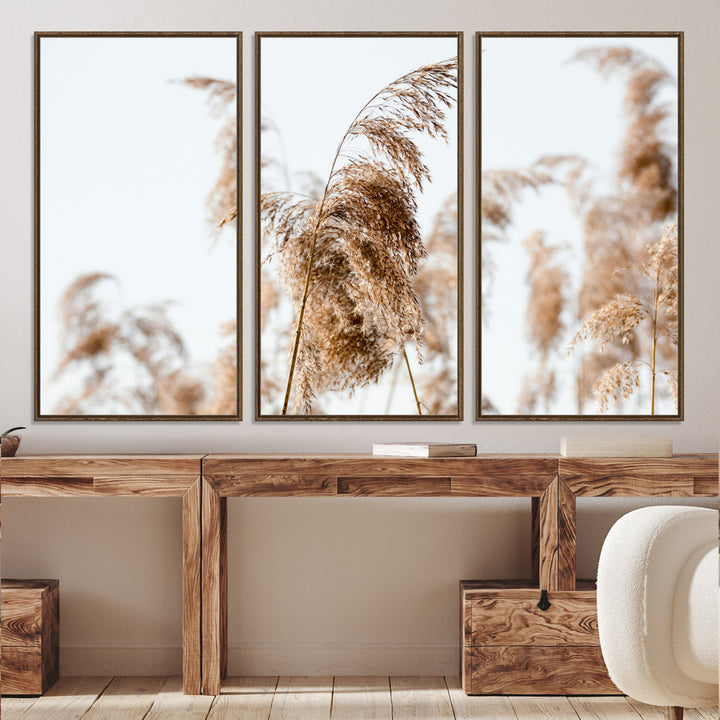 Pampas Grass Wall Art Canvas Print, Framed Neutral Tones Art Picture Print, Minimalist Nature Perfect Boho Decor Artwork