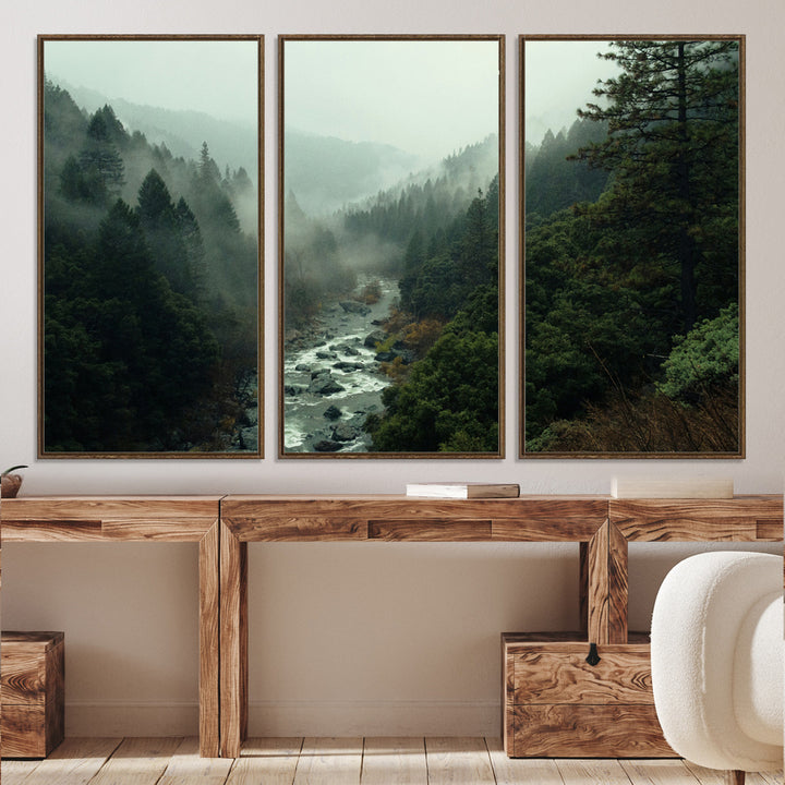 Misty Forest Wall Art Canvas Print, Framed Foggy River Art Picture Print, Moody Landscape Perfect Wilderness Decor Artwork