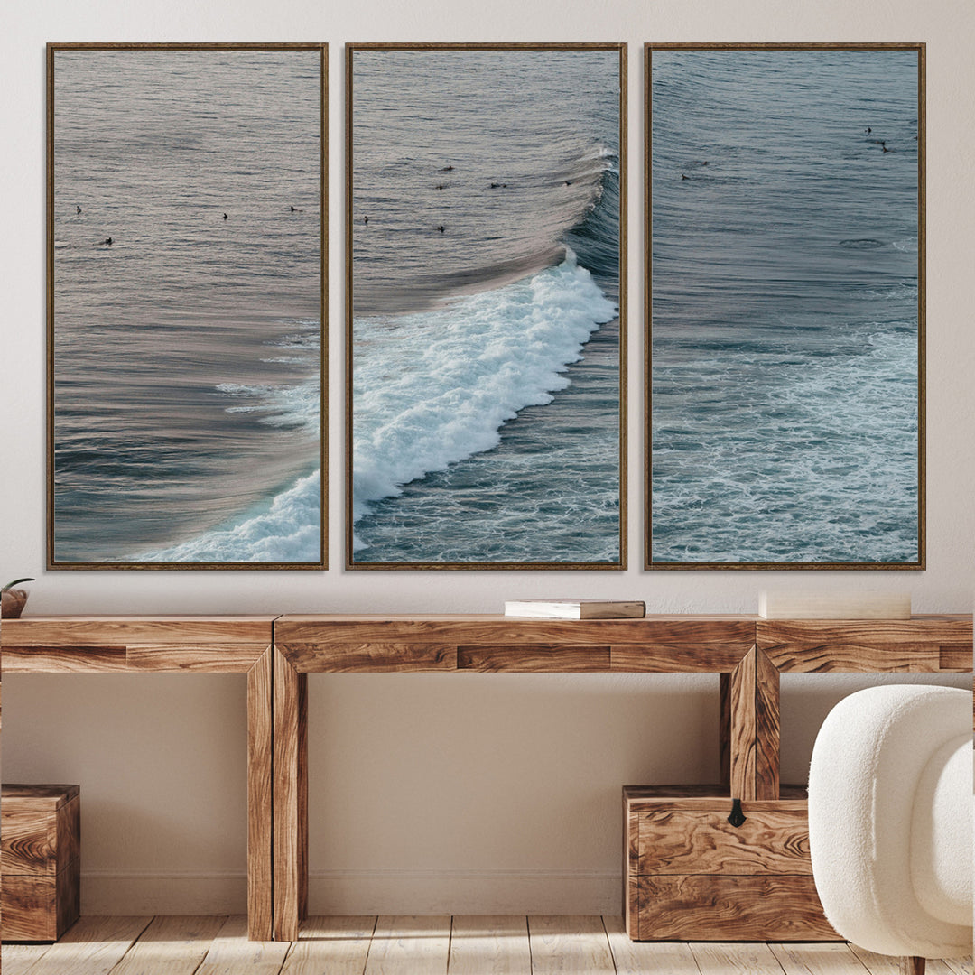 Ocean Waves Wall Art Canvas Print, Framed Coastal Serenity Art Picture Print, Surf Perfect Coastal Decor Artwork