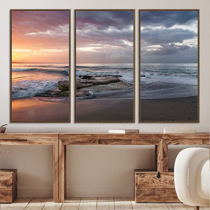 Golden Hour Wall Art Canvas Print, Framed Tranquil Waves Art Picture Print, Beach Perfect Coastal Serenity Decor Artwork