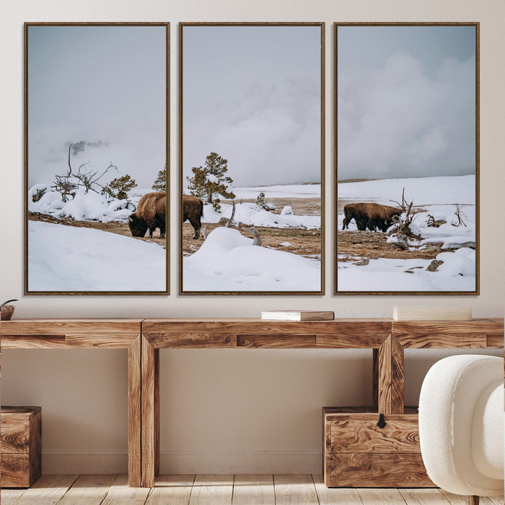 Bison Wildlife Wall Art Canvas Print, Framed Snowy Prairie Art Picture Print, Western Perfect Rustic Decor Artwork