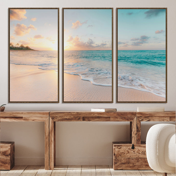 Beach Sunset Wall Art Canvas Print, Framed Ocean Waves Art Picture Print, Summer Escape Perfect Coastal Decor Artwork
