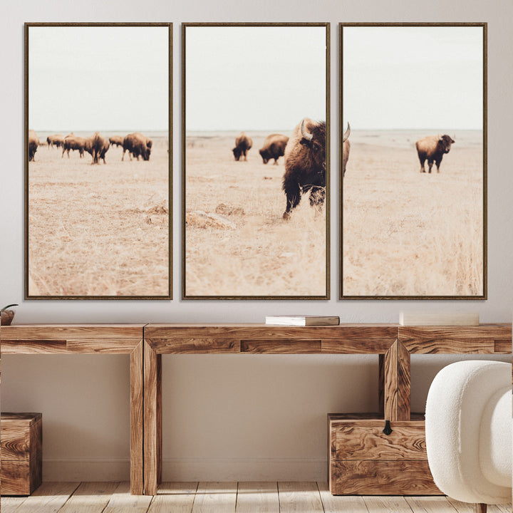 Bison Herd Wall Art Canvas Print, Framed Western Art Picture Print, Prairie Serenity Perfect Ranch Decor Artwork