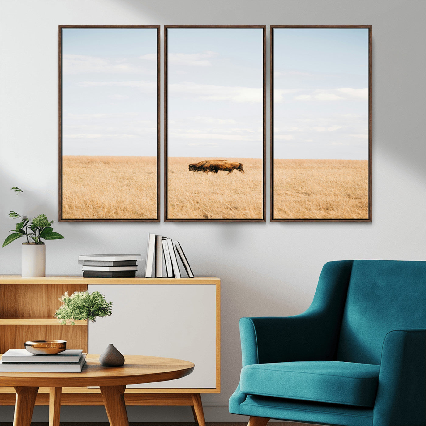 MGV-FC-48X32-3P - Minimalist Nature Wall Art Canvas Print, Framed Bison In Grassland Art Picture Print, Open Field Perfect Modern Ranch Decor Decor Artwork