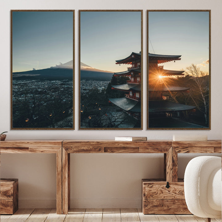 Chureito Pagoda at sunset with Mount Fuji in the background, city lights below, and golden sun rays, ideal for Japanese-inspired wall art.