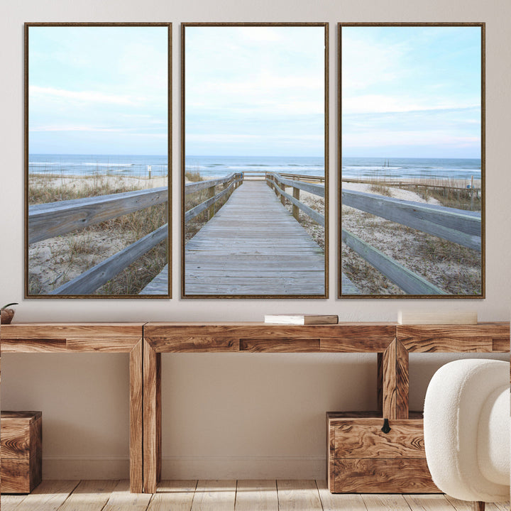 Beach Boardwalk Wall Art Canvas Print, Framed Coastal Serenity Art Picture Print, Ocean View Perfect Coastal Decor Artwork