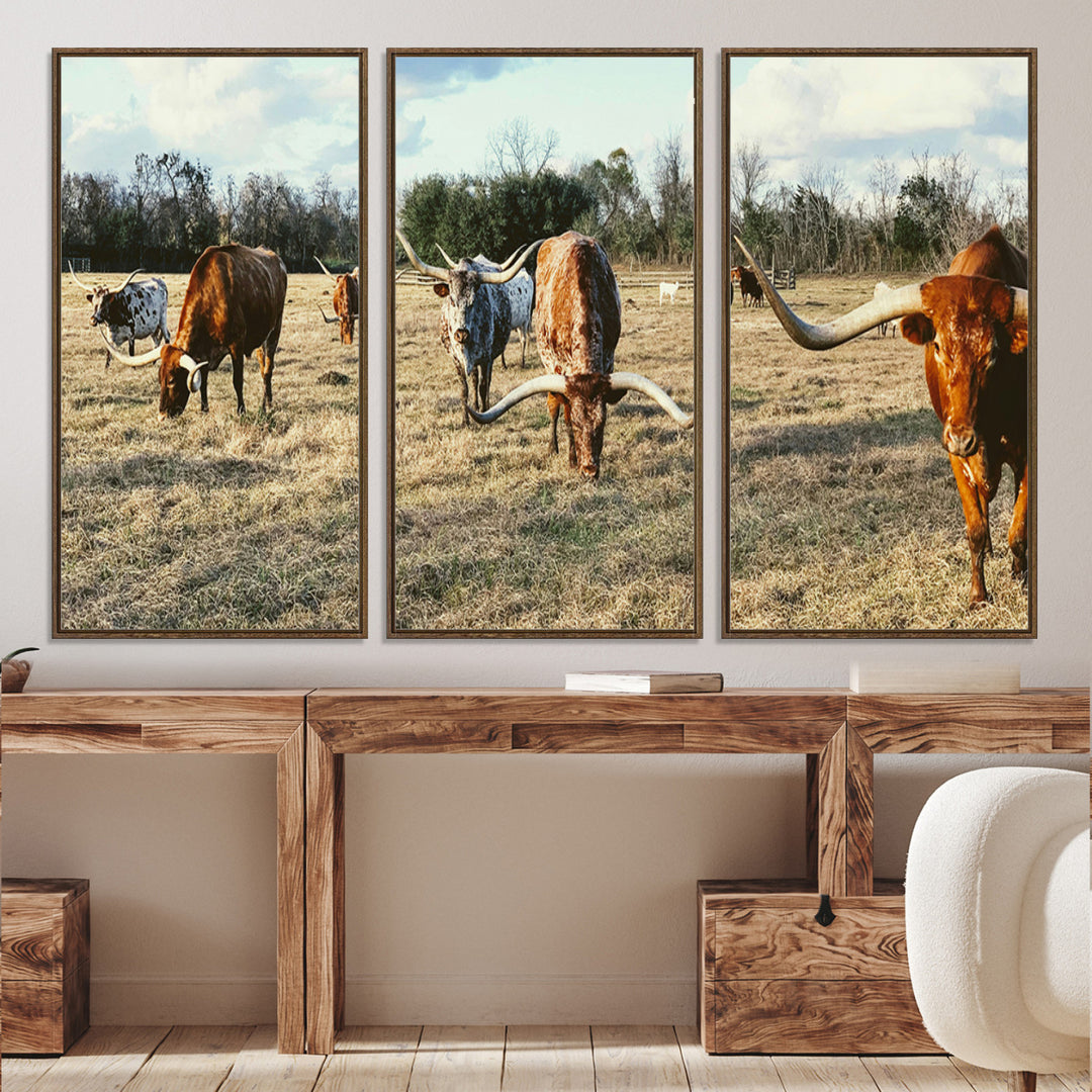 A herd of Texas Longhorn cattle grazing in an open field under a partly cloudy sky, capturing a rustic and Western ranch aesthetic.