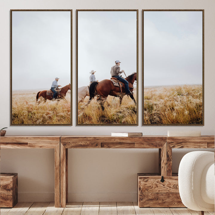 Three cowboys riding horses through a foggy prairie landscape, dressed in Western attire, evoking a rustic and adventurous Wild West aesthetic.