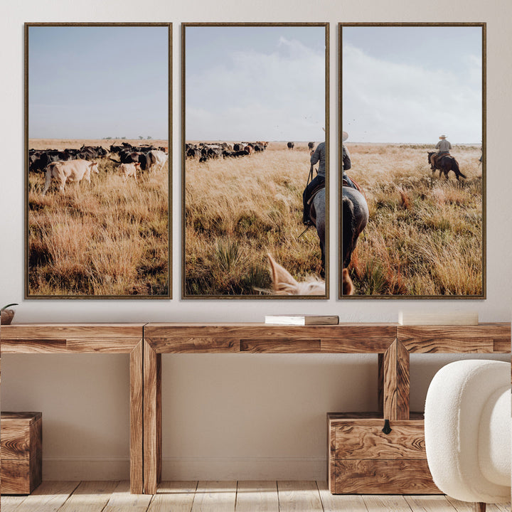 A cowboy and cowgirl on horseback herding cattle through golden grasslands, capturing a rustic and authentic Western ranch lifestyle.