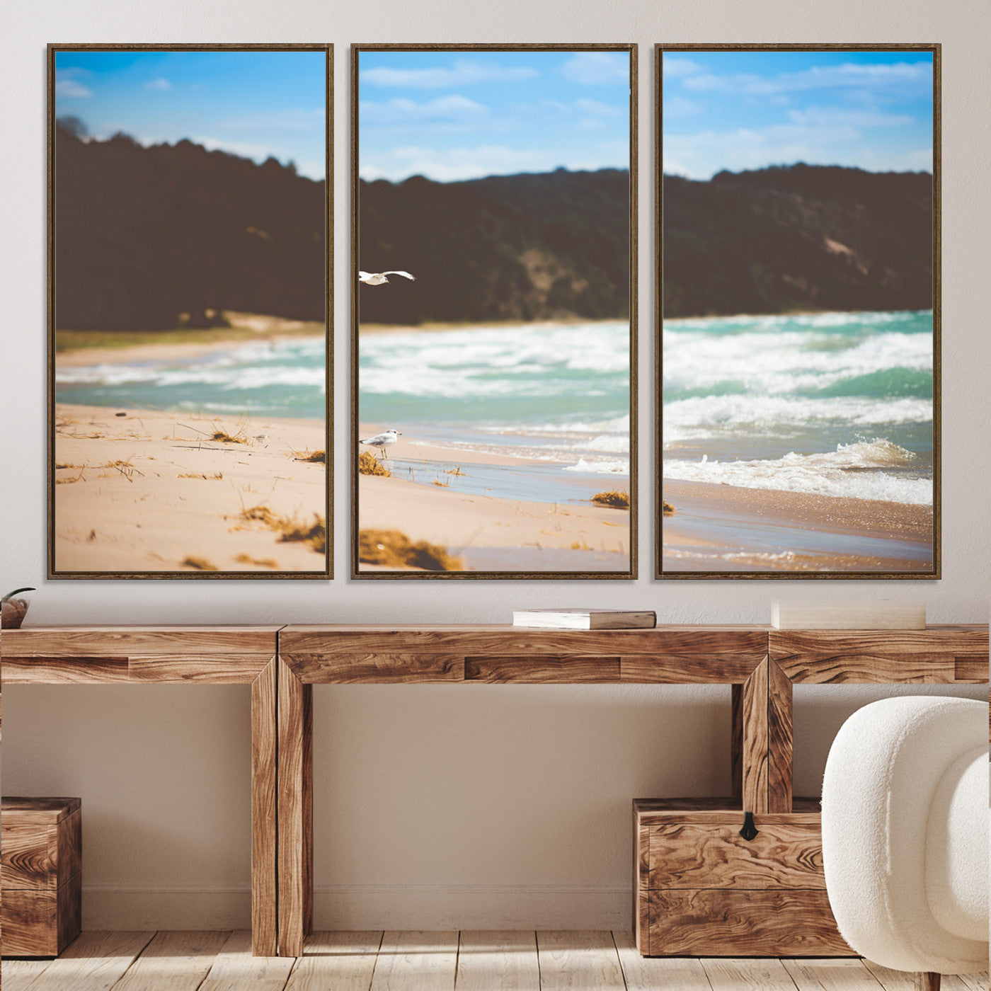 84260965-MGV-CV-36X24-Tranquil Beach Scene Wall Art Canvas Print, Framed Blue Ocean Waves Art Picture Print, Sandy Coastline Perfect Coastal Cottage Decor Artwork