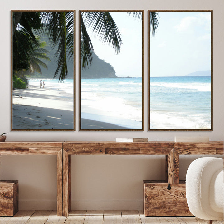 Tropical beach with palm tree shadows, white sand, and turquoise ocean waves, creating a serene and relaxing island escape atmosphere.