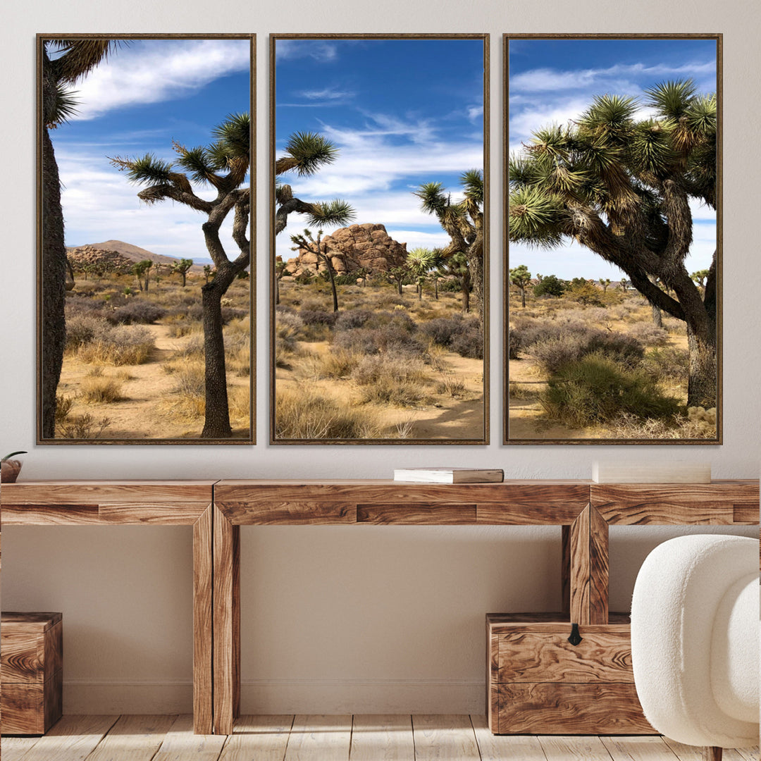 Scenic Joshua Tree landscape with rugged desert terrain, golden dry grass, and a deep blue sky, creating a warm, rustic Southwestern aesthetic.