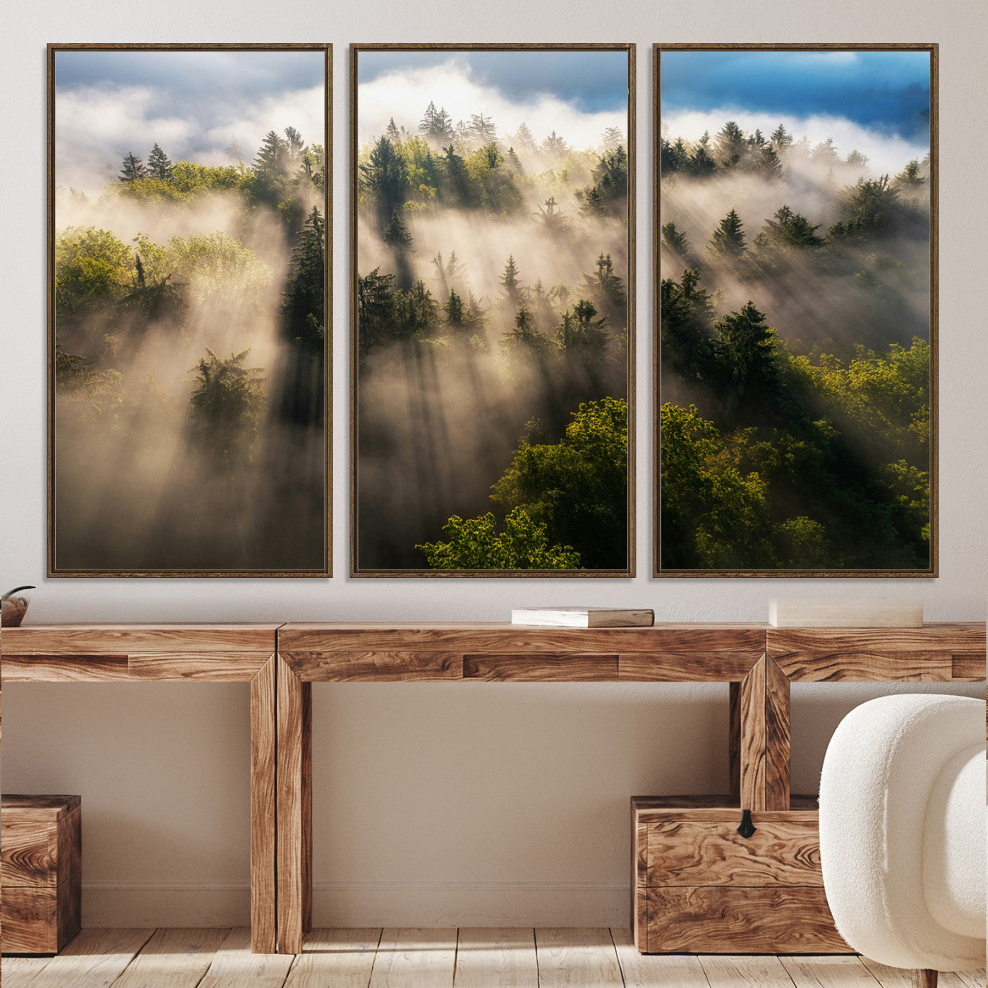 14785710-MGV-CV-36X24-Tranquil Forest Scene Wall Art Canvas Print, Framed Sunbeam Through Trees Art Picture Print, Moody Green Wall Art Perfect Scandinavian