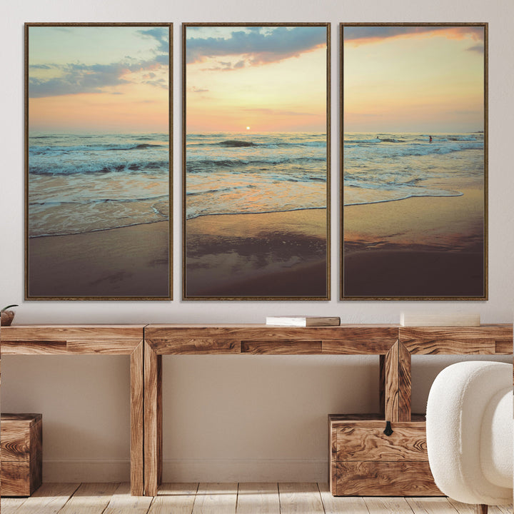 Warm sunset over gentle ocean waves with pastel sky and reflections on wet sand, creating a calm and soothing beach ambiance.