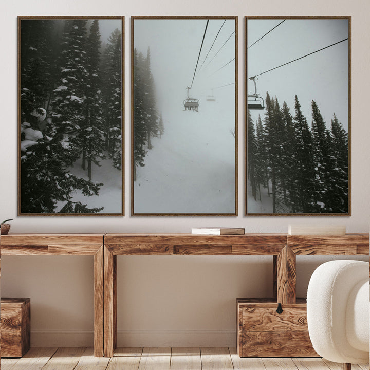 Ski Lift Wall Art Canvas Print, Framed Snowy Pines Art Picture Print, Misty Landscape Perfect Winter Serenity Decor Artwork