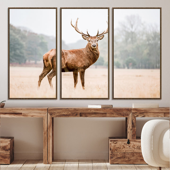 Vintage Wildlife Canvas Print, Framed Misty Landscape Art Picture Print, Deer Wall Art Perfect Rustic Wildlife Decor Artwork
