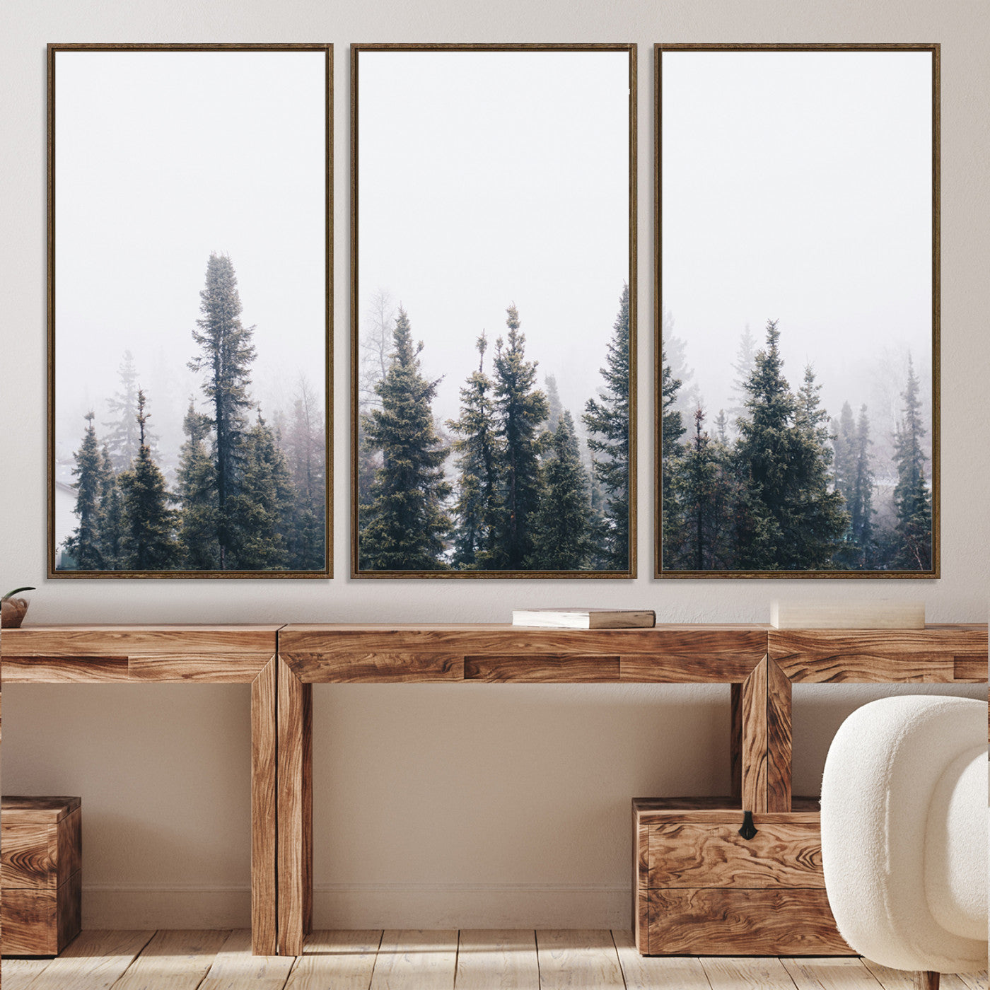 42364796-MGV-CV-36X24-Foggy Forest Wall Art Canvas Print, Framed Misty Pines Art Picture Print, Moody Woodland Perfect Scandinavian Minimalist Decor Artwork