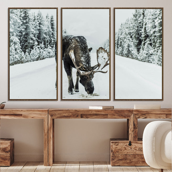 Moose in Snow Wall Art Canvas Print, Framed Winter Wildlife Art Picture Print, Snowy Forest Scene Perfect Rustic Lodge Decor Artwork