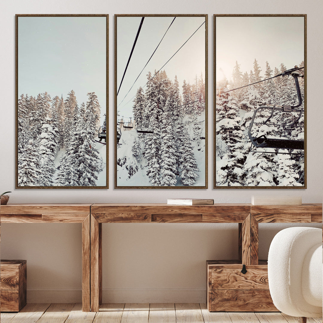 91534512-MGV-CV-36X24-Frosty Pines Wall Art Canvas Print, Framed Cozy Cabin View Art Picture Print, Ski Lift Ride Perfect Rustic Lodge Decor Artwork