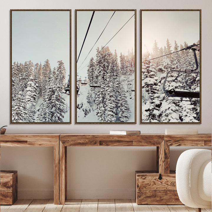 91534512-MGV-CV-36X24-Frosty Pines Wall Art Canvas Print, Framed Cozy Cabin View Art Picture Print, Ski Lift Ride Perfect Rustic Lodge Decor Artwork