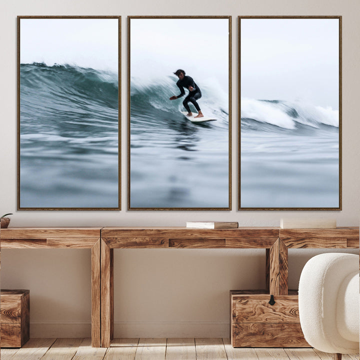 Surfer on Wave Wall Art Canvas Print, Ocean Adventure Print, Framed Motion Blur Water Art Print, Large Deep Blue Surf Printing